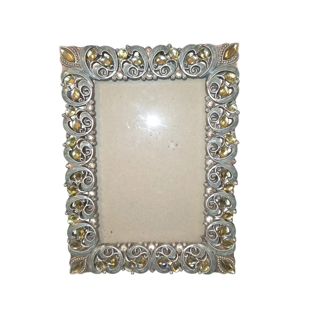 Enchante Photo Frame 4x6 Silver Green Jeweled Enameled Filigree Metal Decor